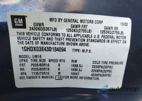 2003 Oldsmobile Silhouette Gl from USA, damaged, VIN 1GHDX03E43D184094